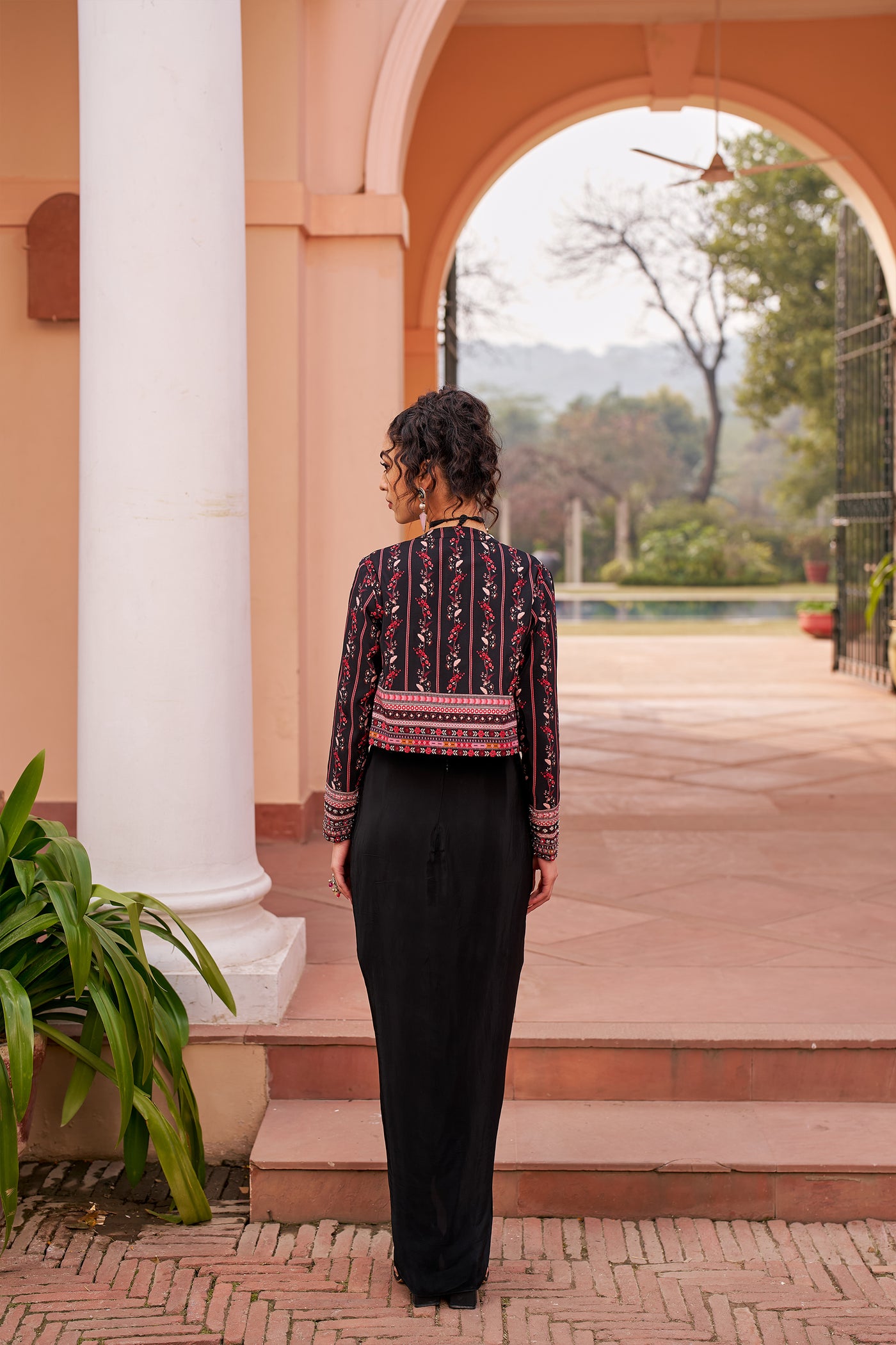 Chhavvi Aggarwal Black Short Jacket With Inner And Draped Skirt indian designer wear online shopping melange singapore
