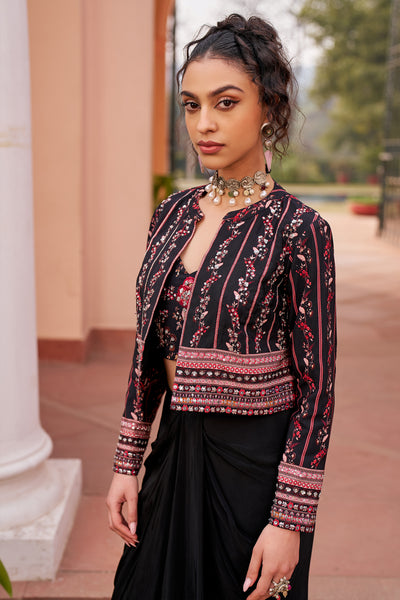 Chhavvi Aggarwal Black Short Jacket With Inner And Draped Skirt indian designer wear online shopping melange singapore