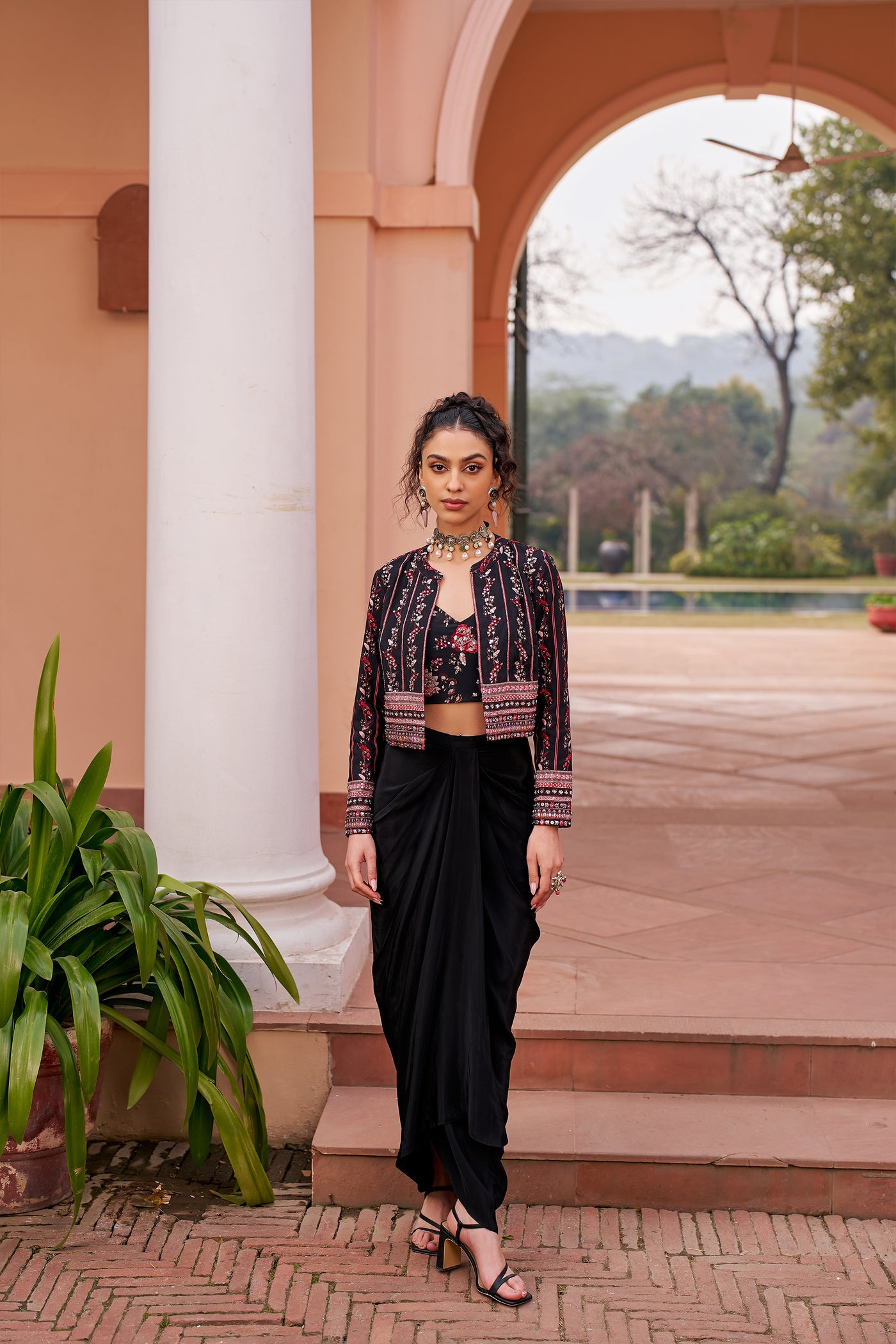 Chhavvi Aggarwal Black Short Jacket With Inner And Draped Skirt indian designer wear online shopping melange singapore