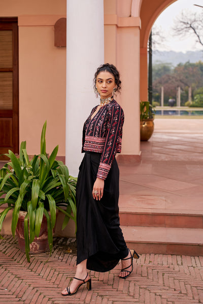 Chhavvi Aggarwal Black Short Jacket With Inner And Draped Skirt indian designer wear online shopping melange singapore