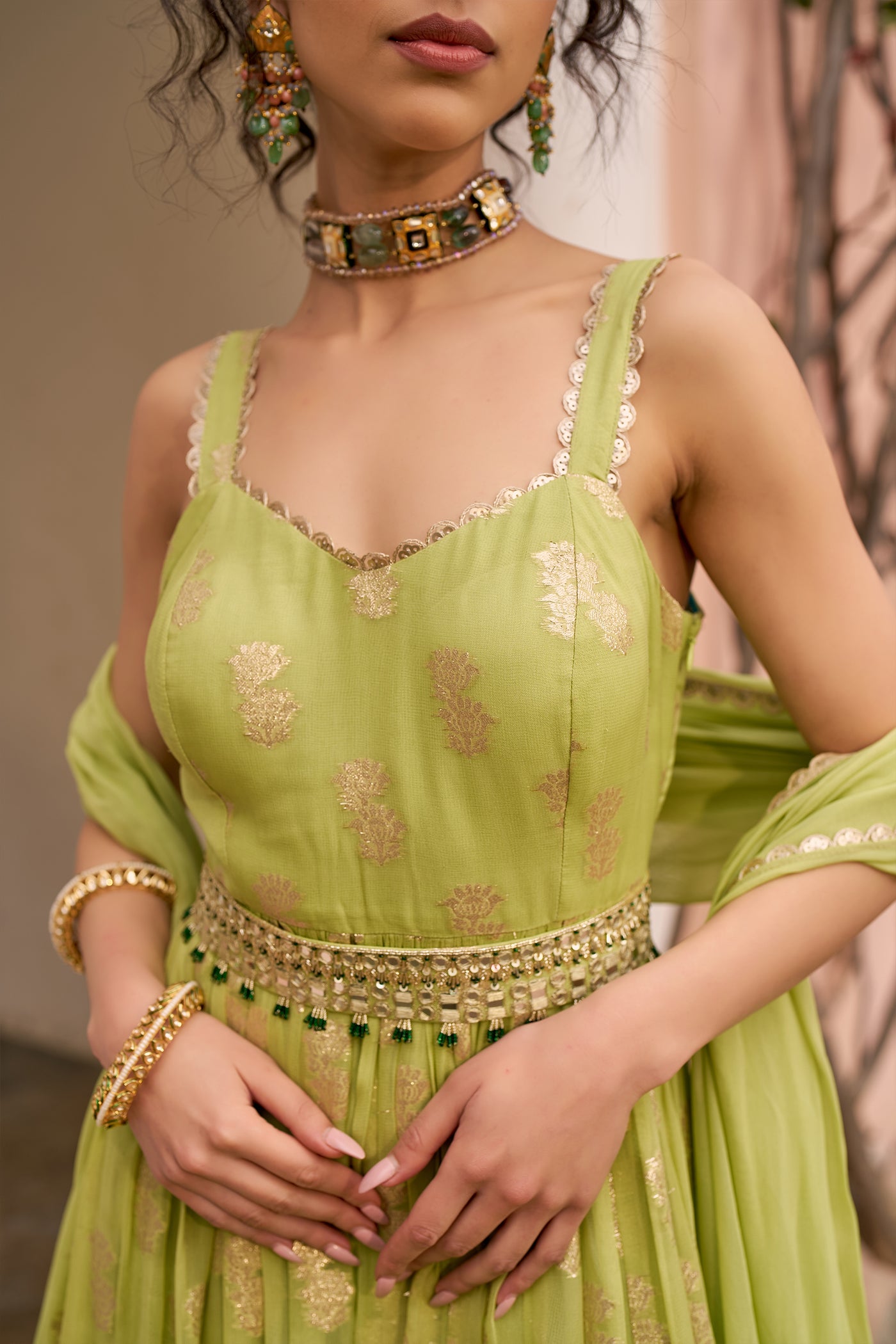 Chhavvi Aggarwal Green Banarasi Anarkali indian designer wear online shopping melange singapore