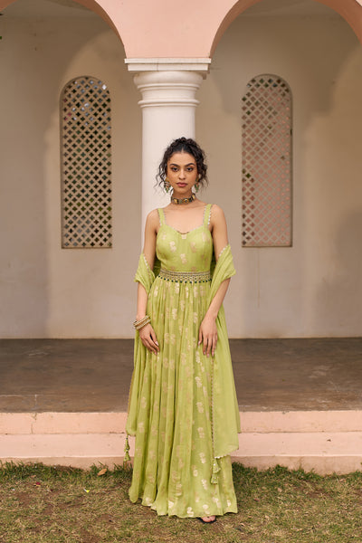 Chhavvi Aggarwal Green Banarasi Anarkali indian designer wear online shopping melange singapore