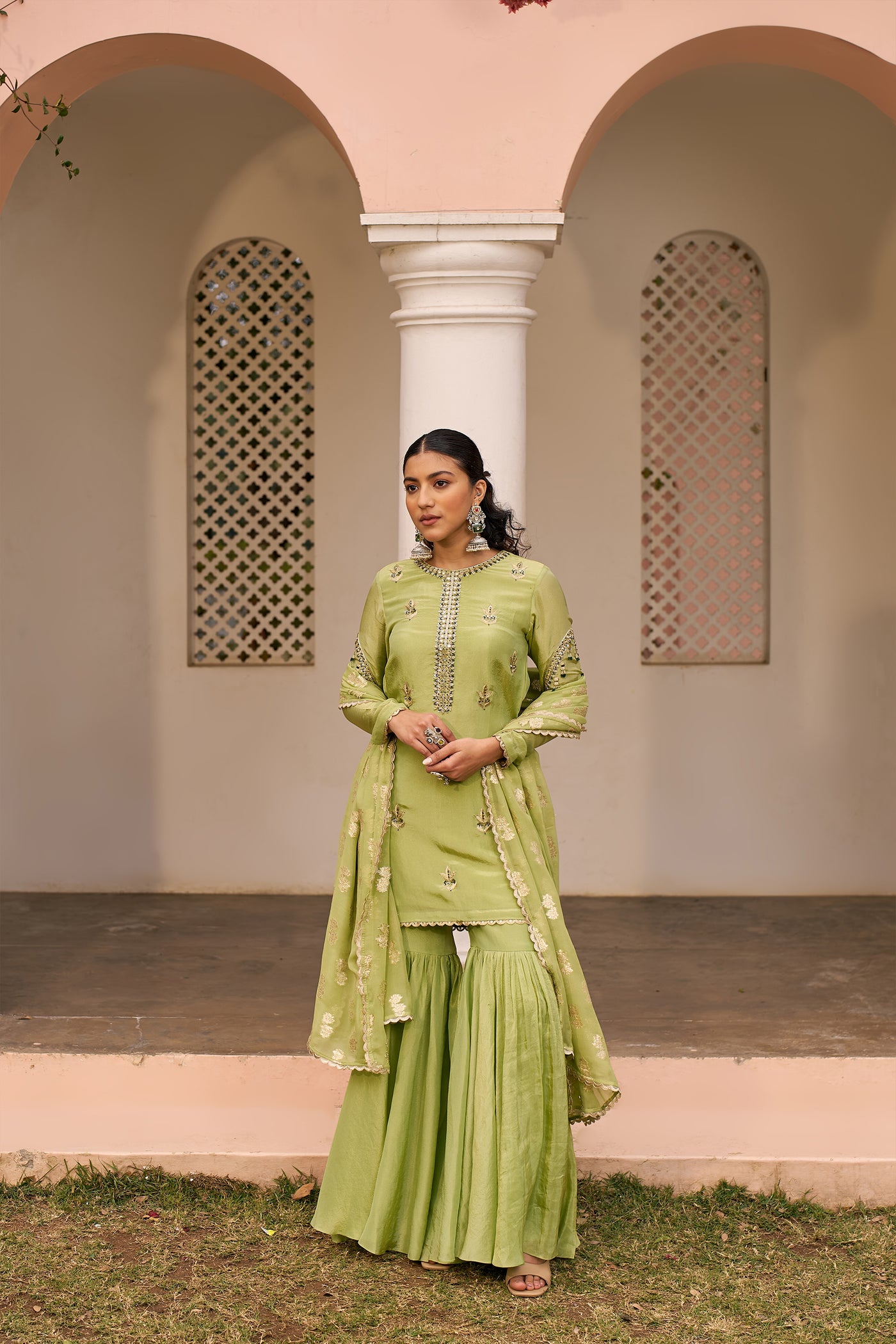 Chhavvi Aggarwal Green Tissue Sharara Set indian designer wear online shopping melange singapore