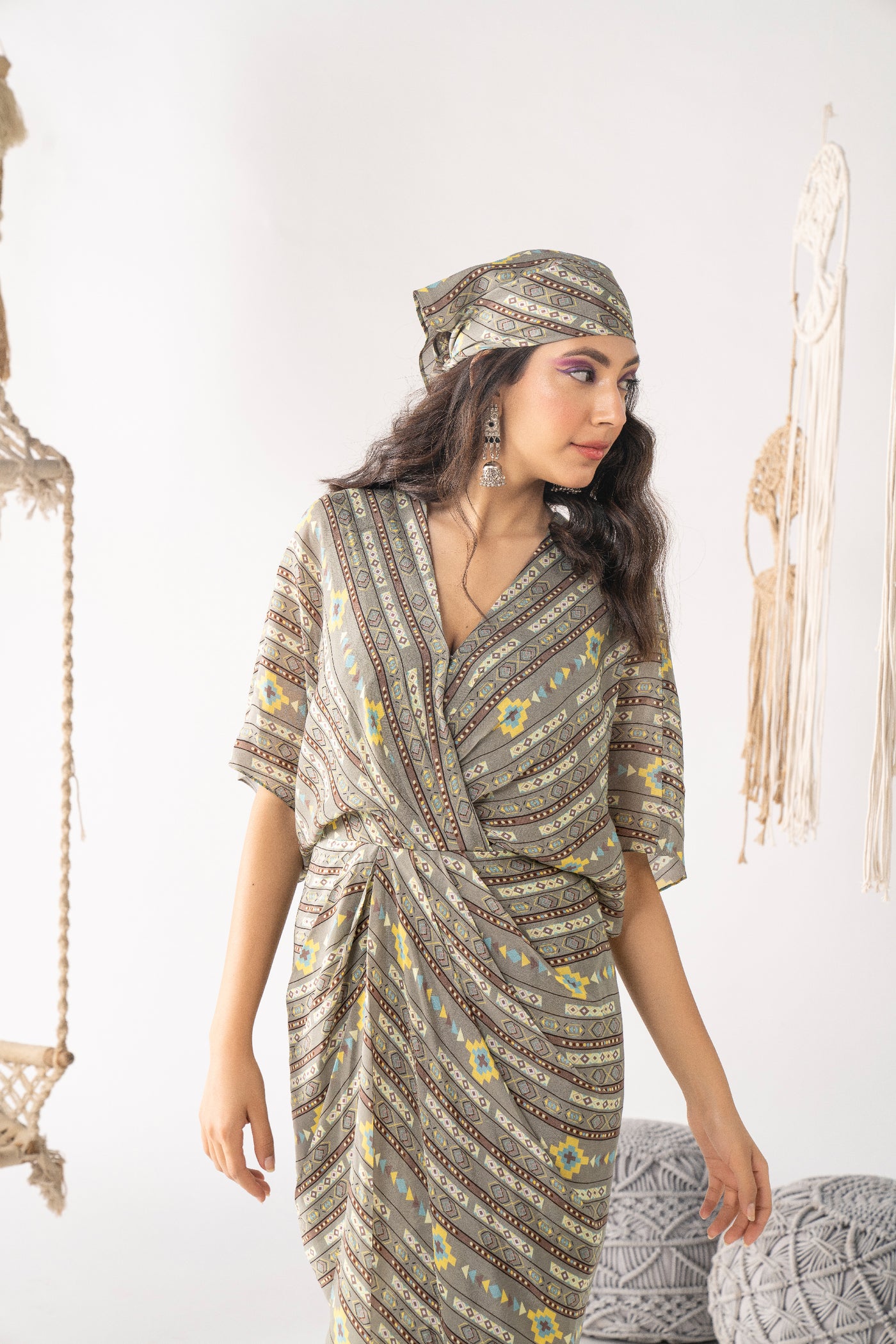 Chhavvi Aggarwal Grey Printed Draped Dress indian designer wear online shopping melange singapore