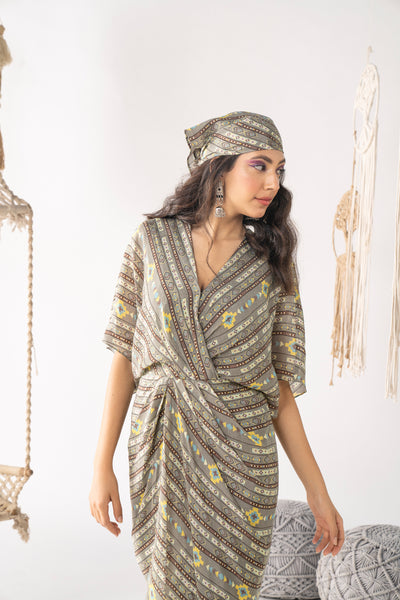 Chhavvi Aggarwal Grey Printed Draped Dress indian designer wear online shopping melange singapore