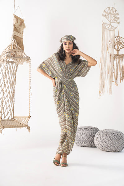 Chhavvi Aggarwal Grey Printed Draped Dress indian designer wear online shopping melange singapore