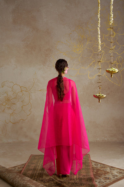 Chhavvi Aggarwal Hot Pink Draped Skirt With Bustier And Cape indian designer wear online shopping melange singapore
