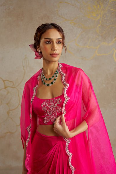 Chhavvi Aggarwal Hot Pink Draped Skirt With Bustier And Cape indian designer wear online shopping melange singapore