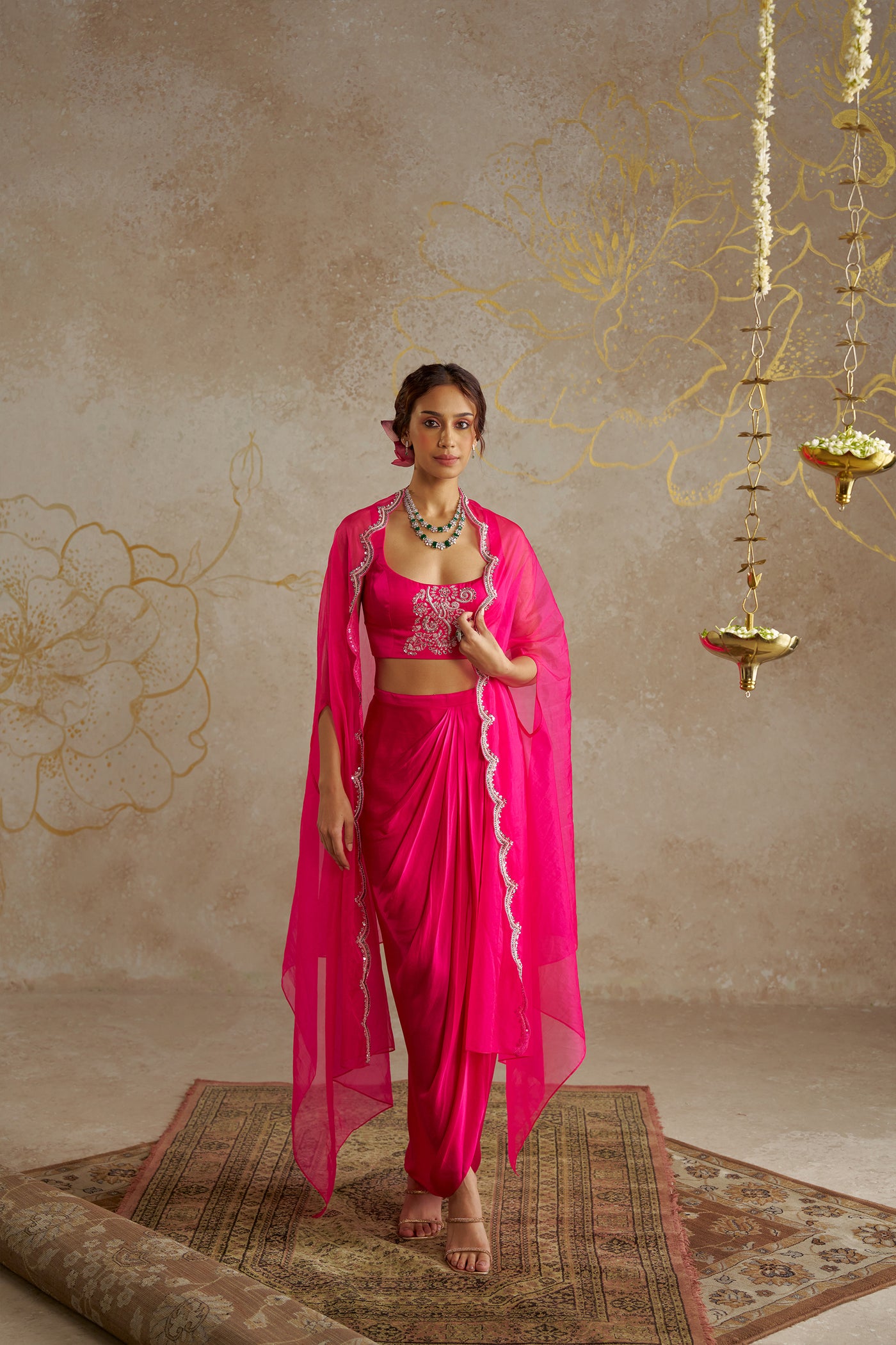Chhavvi Aggarwal Hot Pink Draped Skirt With Bustier And Cape indian designer wear online shopping melange singapore
