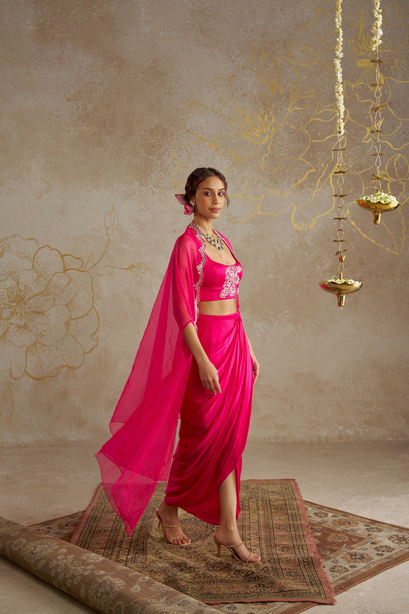 Chhavvi Aggarwal Hot Pink Draped Skirt With Bustier And Cape indian designer wear online shopping melange singapore