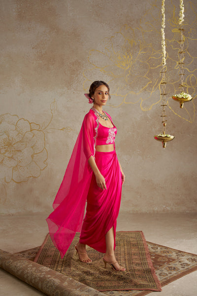 Chhavvi Aggarwal Hot Pink Draped Skirt With Bustier And Cape indian designer wear online shopping melange singapore