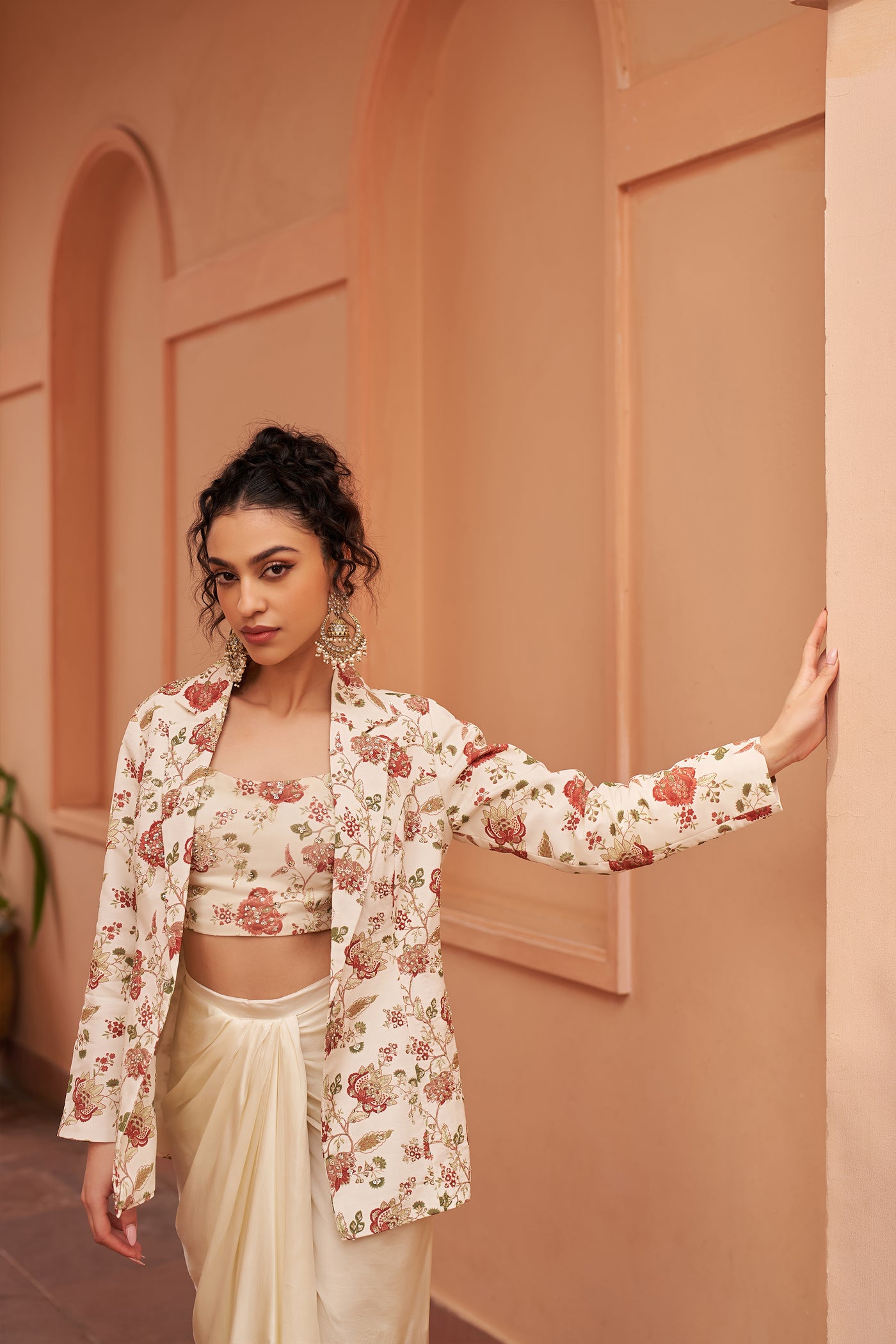 Chhavvi Aggarwal Ivory Draped Skirt With Printed Bustier And Jacket indian designer wear online shopping melange singapore