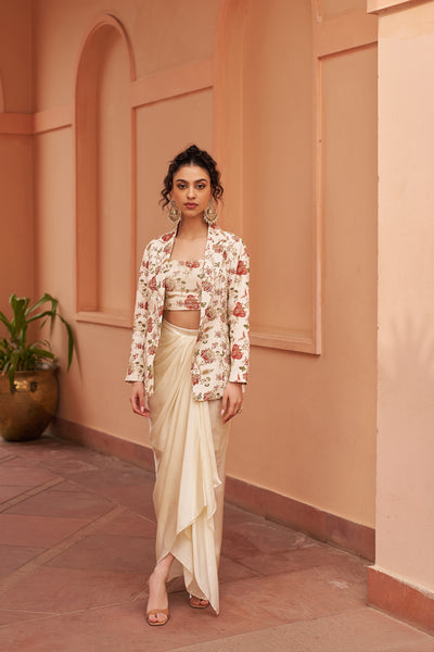 Chhavvi Aggarwal Ivory Draped Skirt With Printed Bustier And Jacket indian designer wear online shopping melange singapore