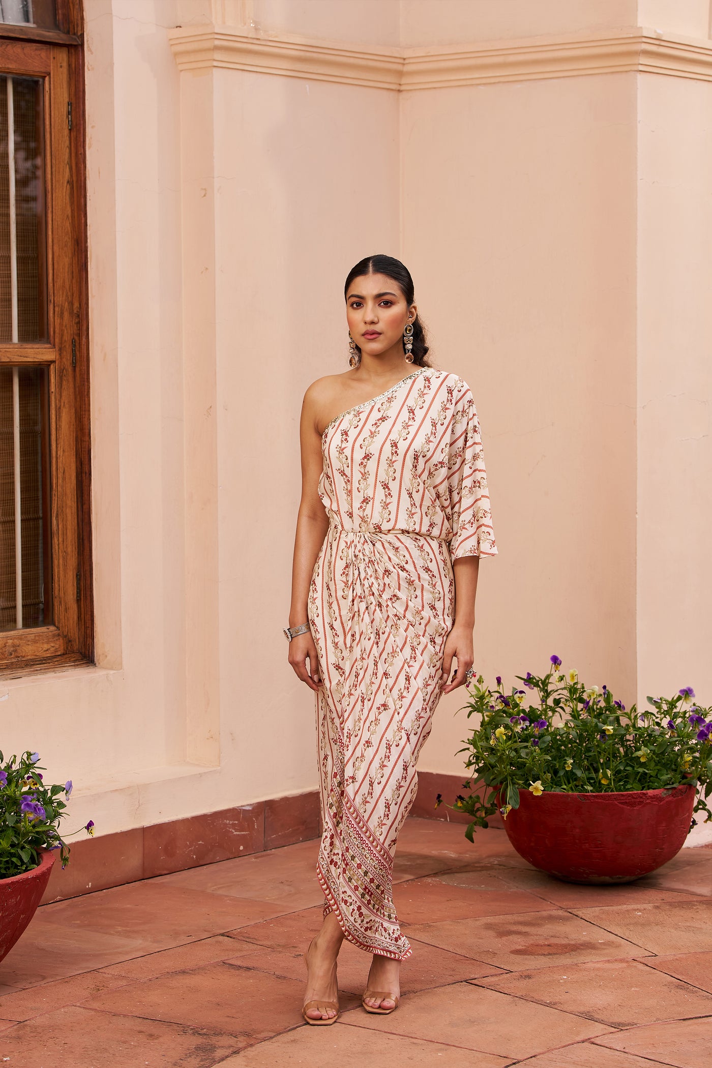 Chhavvi Aggarwal Ivory One-shoulder Draped Dress indian designer wear online shopping melange singapore