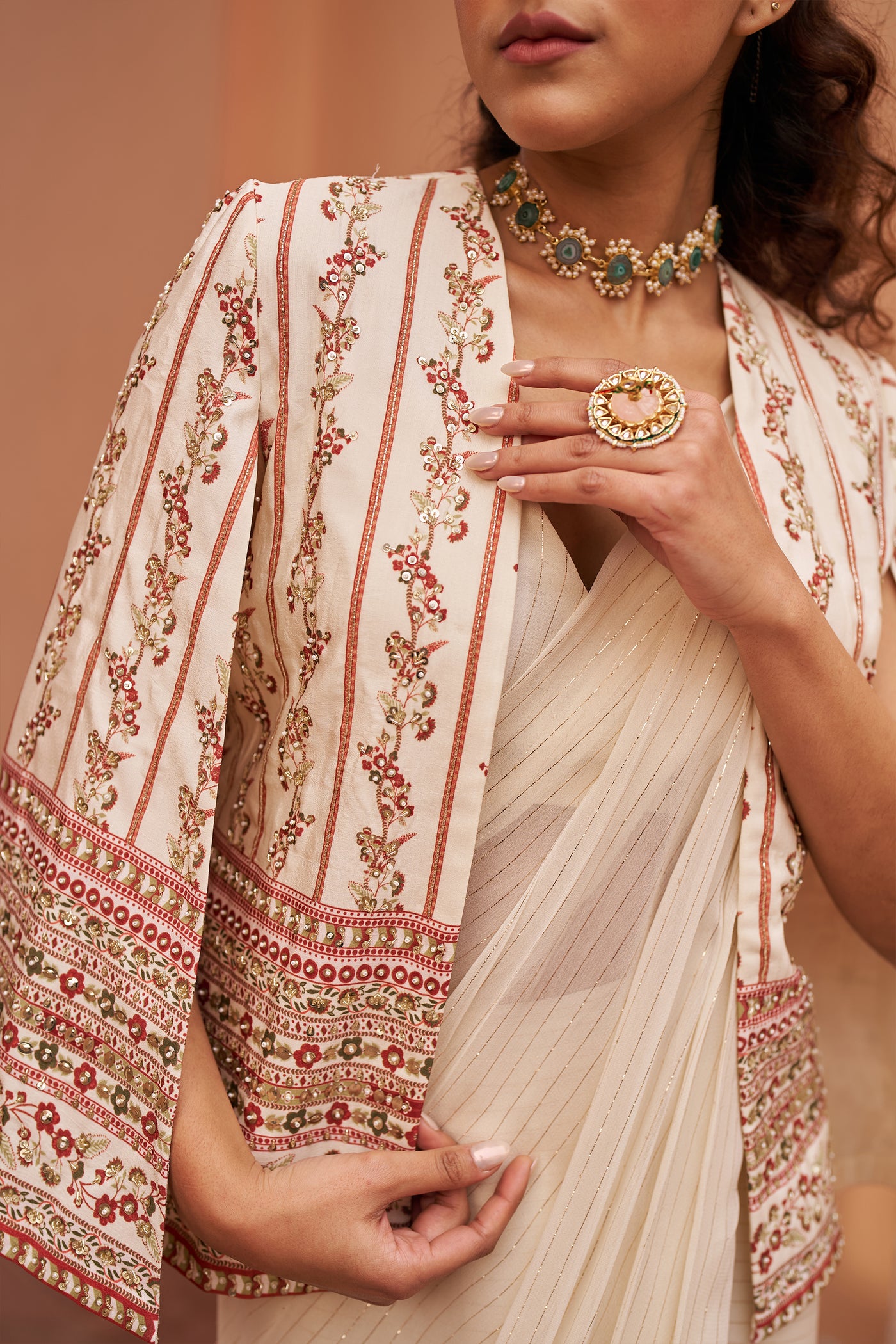 Chhavvi Aggarwal Ivory Printed Cape With Saree indian designer wear online shopping melange singapore