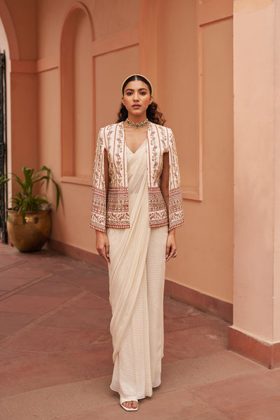 Chhavvi Aggarwal Ivory Printed Cape With Saree indian designer wear online shopping melange singapore