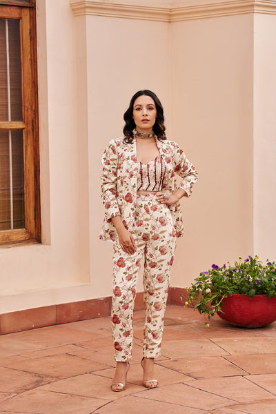 Chhavvi Aggarwal Ivory Printed Pantsuit indian designer wear online shopping melange singapore