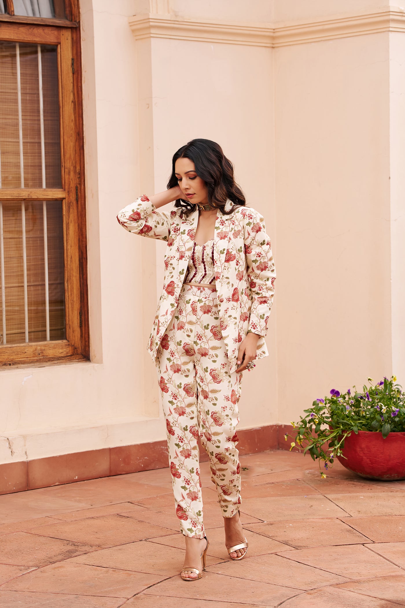 Chhavvi Aggarwal Ivory Printed Pantsuit indian designer wear online shopping melange singapore