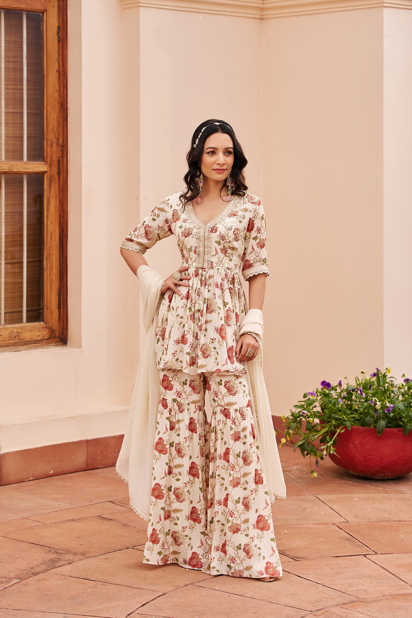 Chhavvi Aggarwal Ivory Printed Sharara Set indian designer wear online shopping melange singapore