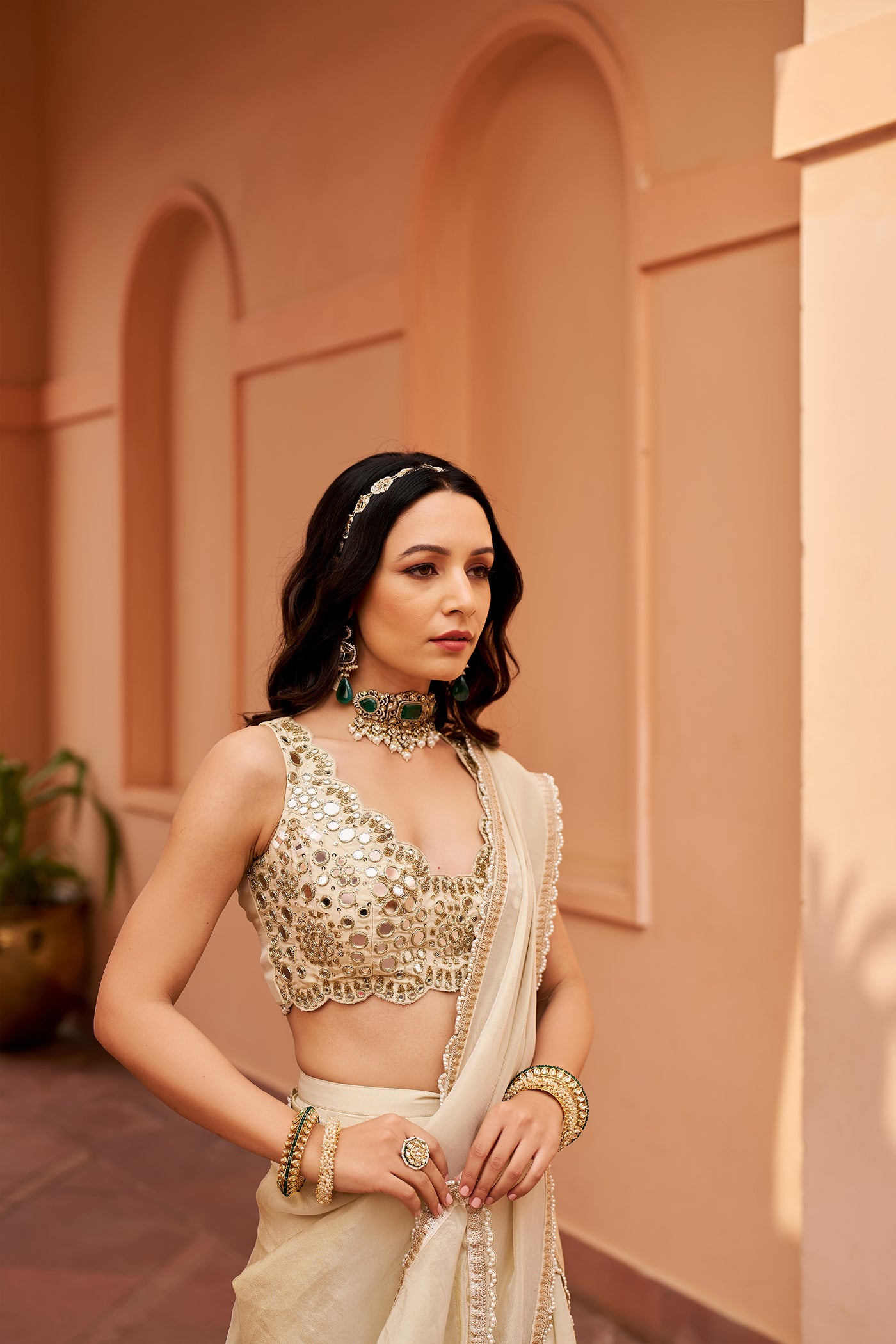 Chhavvi Aggarwal Ivory Tissue Lehenga Saree indian designer wear online shopping melange singapore