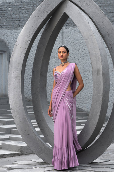 Chhavvi Aggarwal Lavender Foil Print Saree And Printed Blouse indian designer wear online shopping melange singapore