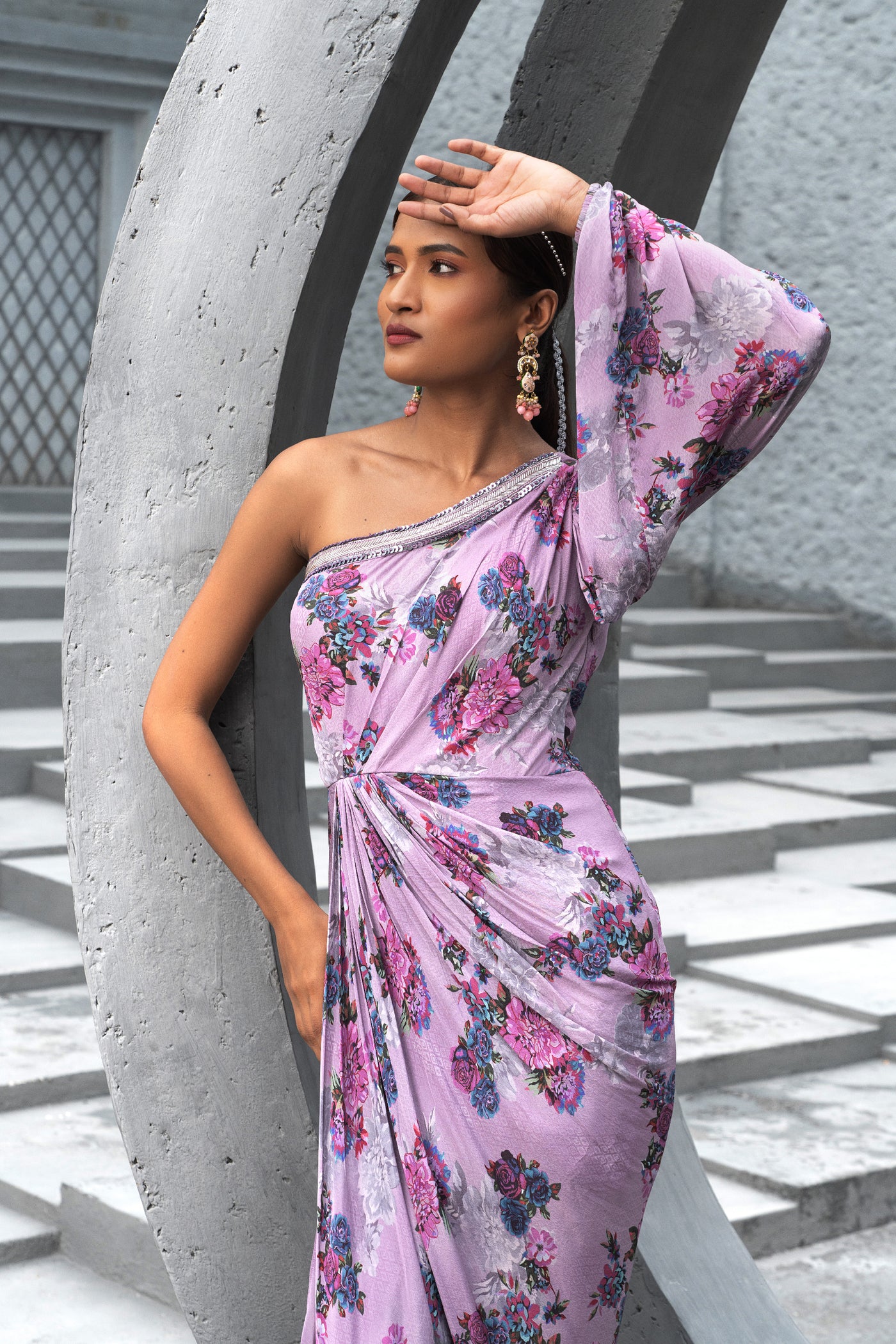 Chhavvi Aggarwal Lavender Printed Dress indian designer wear online shopping melange singapore