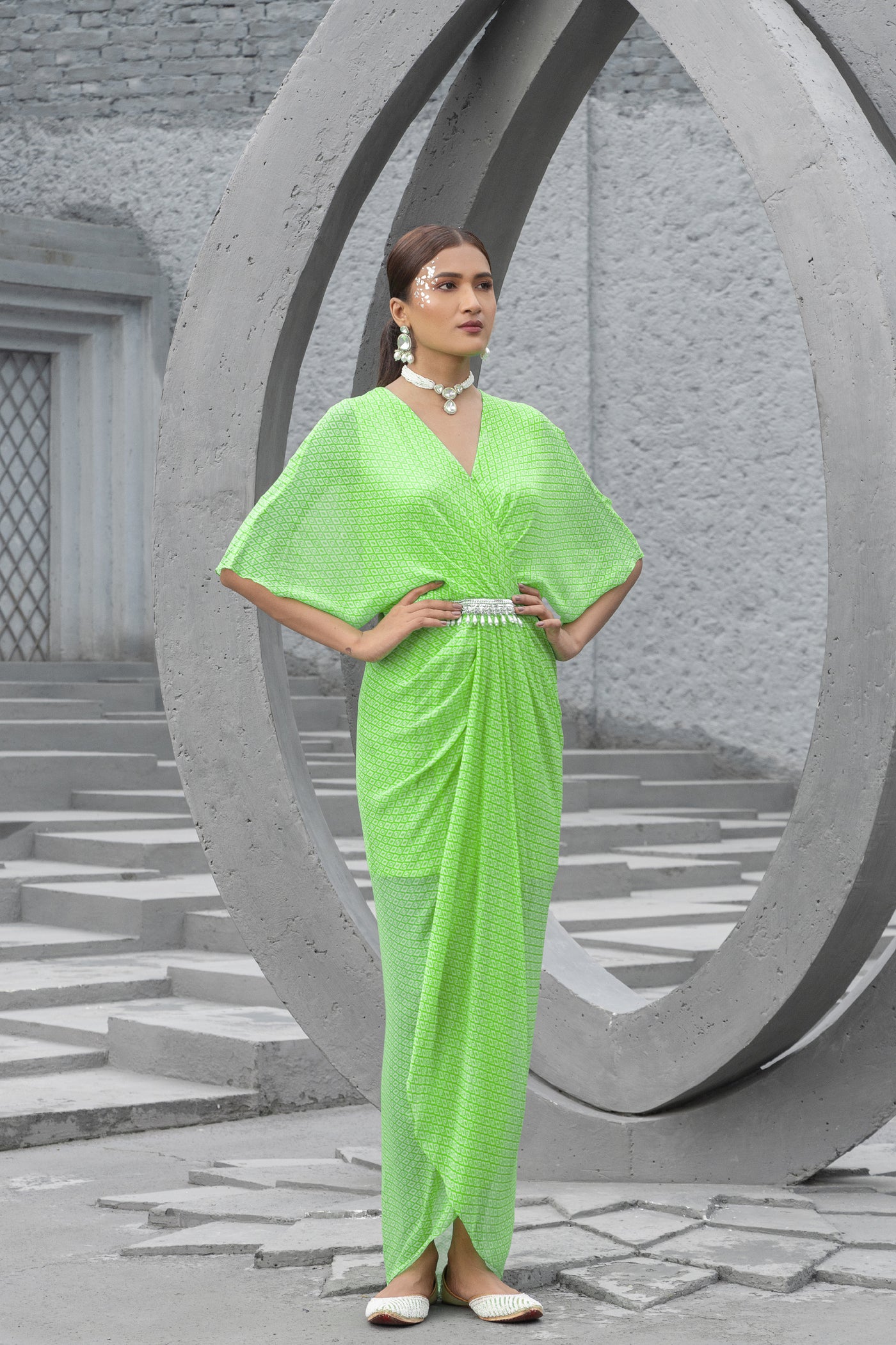 Chhavvi Aggarwal Lime Green Printed Dress indian designer wear online shopping melange singapore