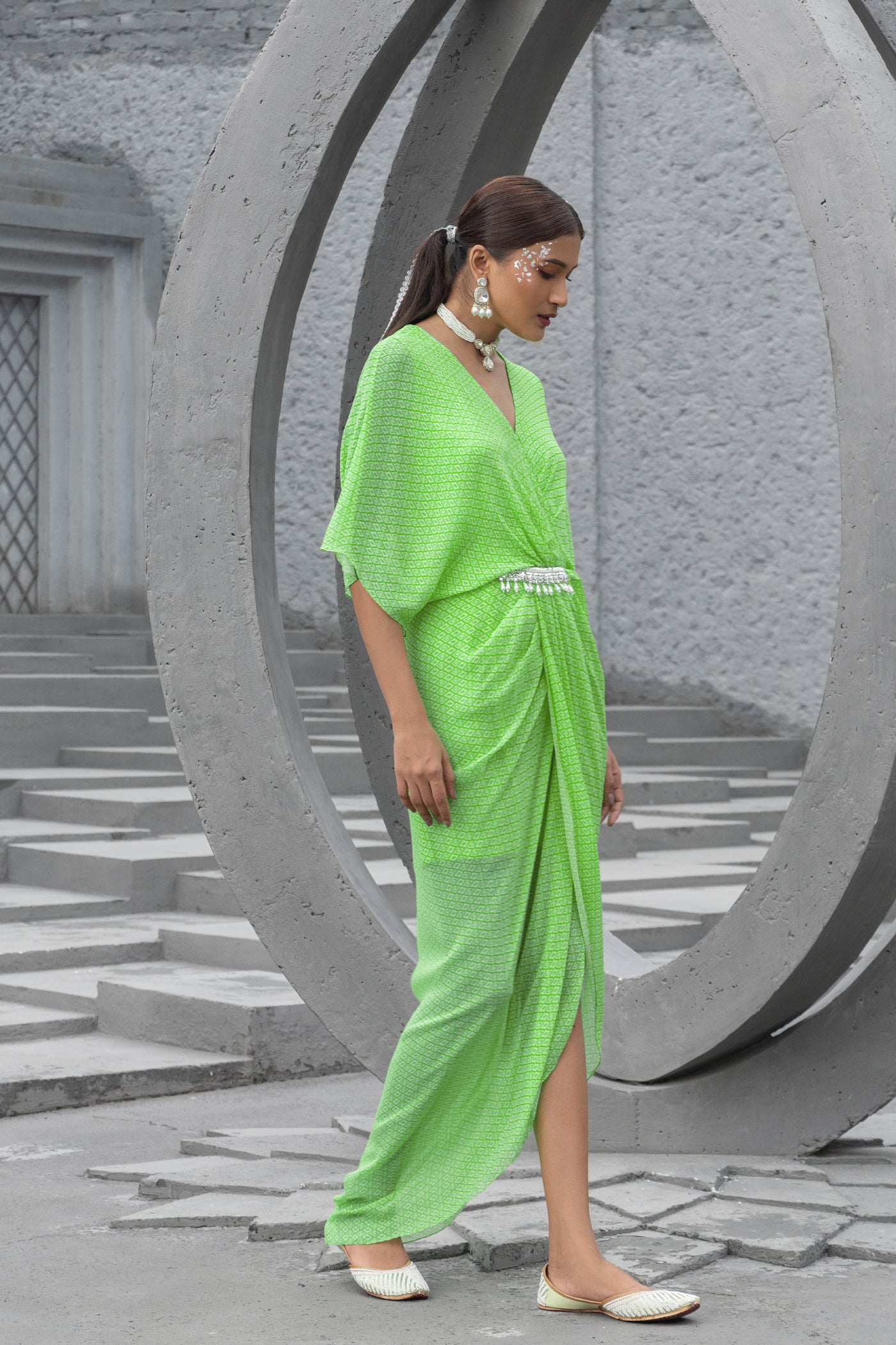 Chhavvi Aggarwal Lime Green Printed Dress indian designer wear online shopping melange singapore