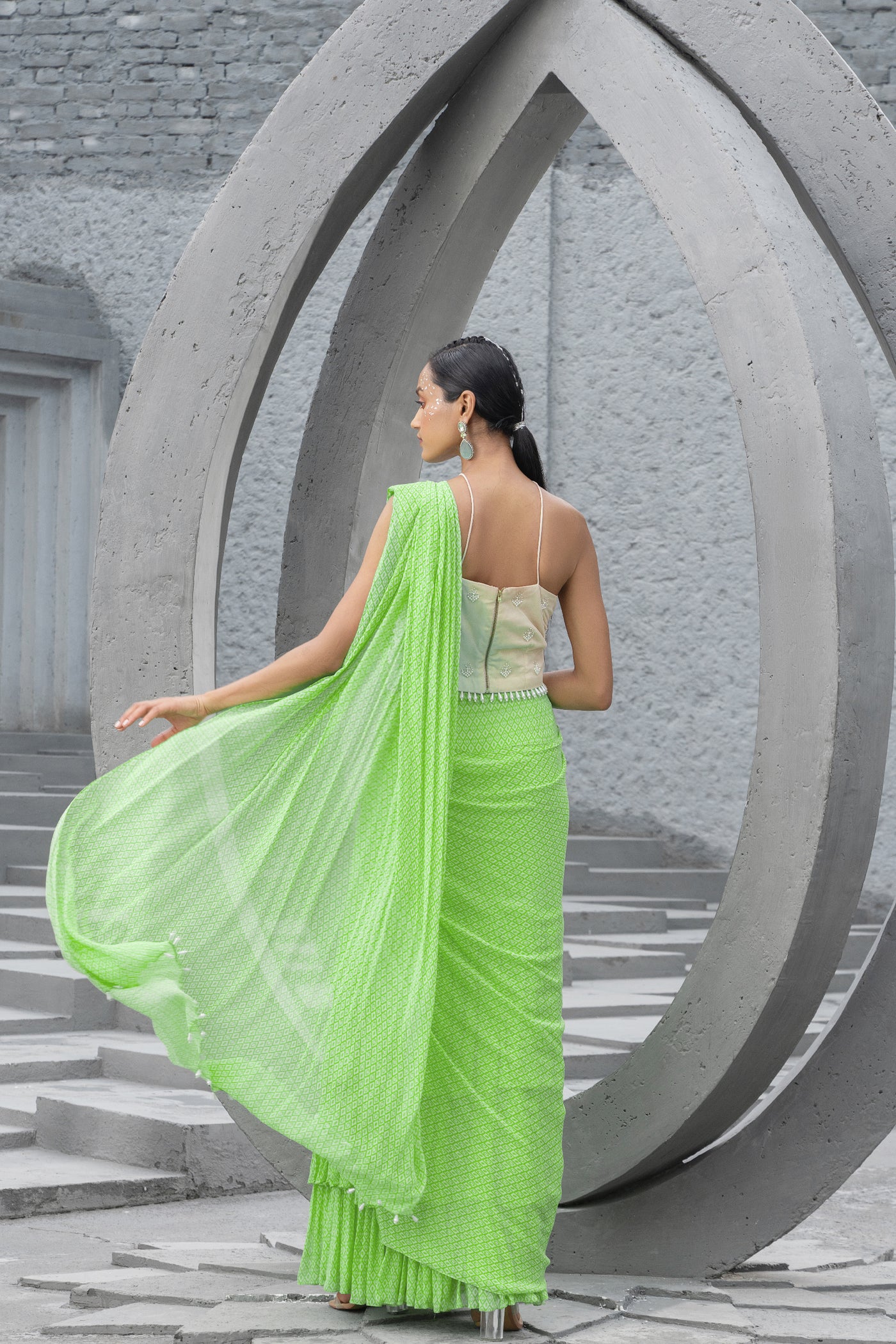 Chhavvi Aggarwal Lime Green Printed Pre-stitched Saree And Blouse indian designer wear online shopping melange singapore