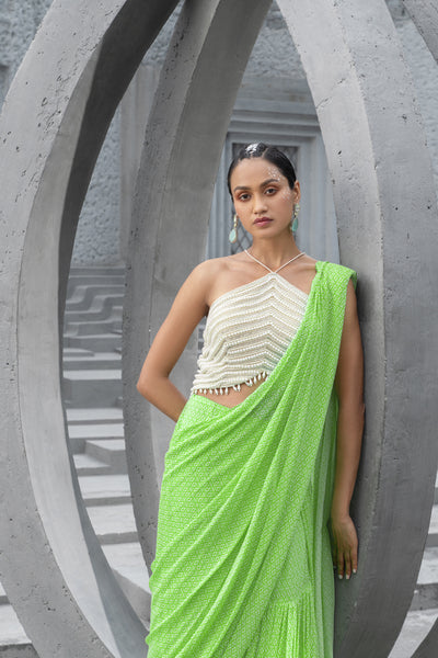 Chhavvi Aggarwal Lime Green Printed Pre-stitched Saree And Blouse indian designer wear online shopping melange singapore