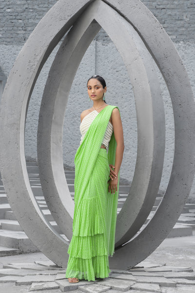 Chhavvi Aggarwal Lime Green Printed Pre-stitched Saree And Blouse indian designer wear online shopping melange singapore