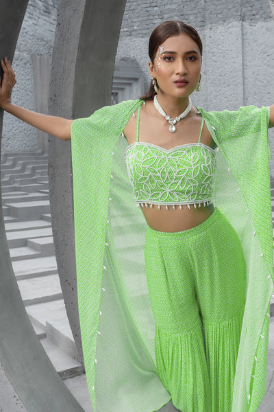 Chhavvi Aggarwal Lime Green Printed Sharara With Cape And Inner indian designer wear online shopping melange singapore