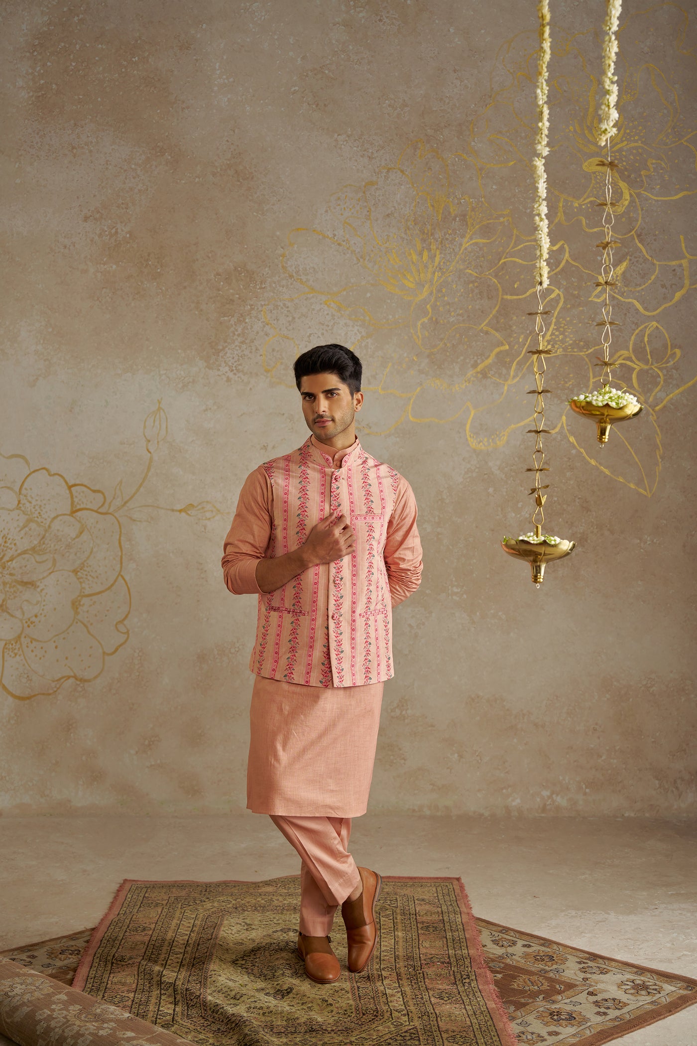 Chhavvi Aggarwal Menswear Blush Kurta Set With Printed Jacket indian designer wear online shopping melange singapore