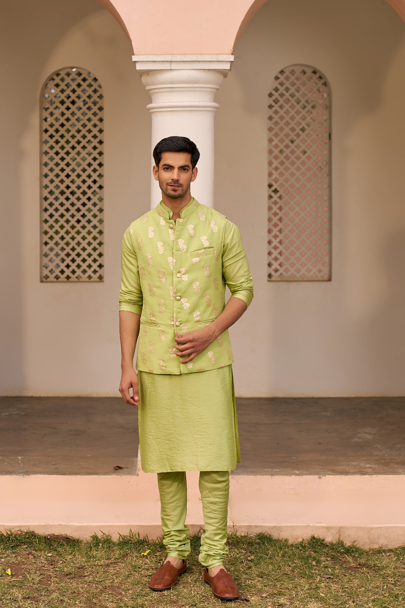 Chhavvi Aggarwal Menswear Green Kurta Set With Bundi indian designer wear online shopping melange singapore