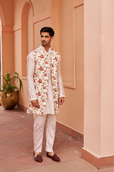 Chhavvi Aggarwal Menswear Ivory Kurta Set With Long Bundii indian designer wear online shopping melange singapore