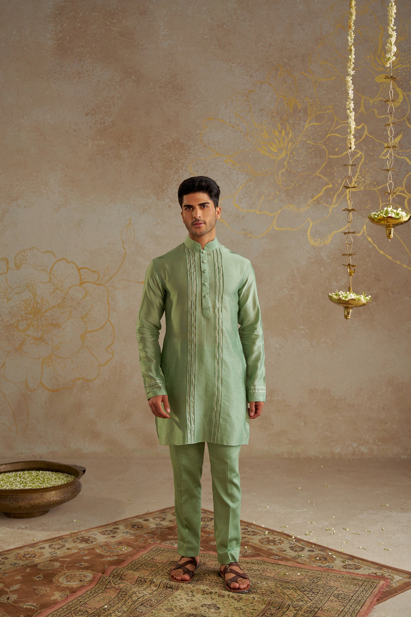 Chhavvi Aggarwal Menswear Jade Chanderi Kurta Set indian designer wear online shopping melange singapore
