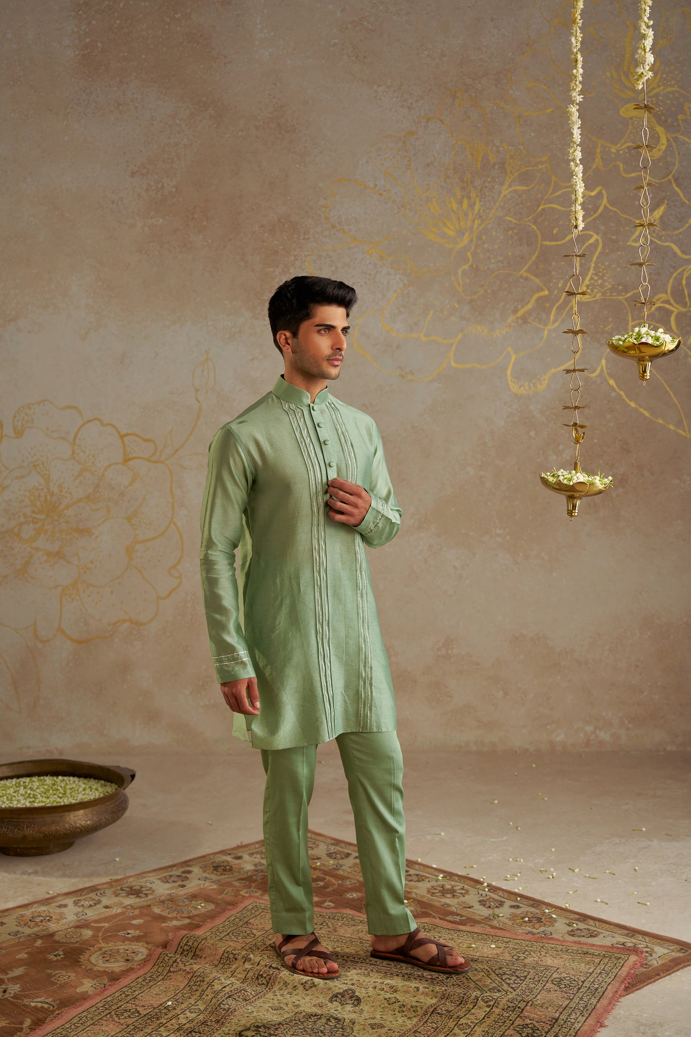 Chhavvi Aggarwal Menswear Jade Chanderi Kurta Set indian designer wear online shopping melange singapore
