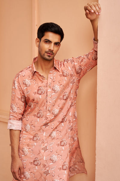 Chhavvi Aggarwal Menswear Peach Printed Kurta Set indian designer wear online shopping melange singapore