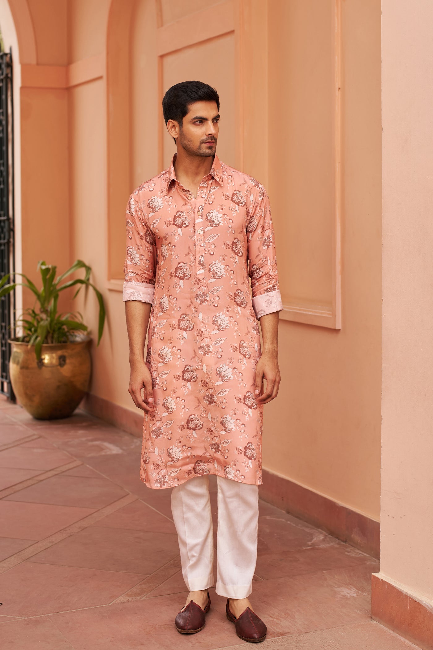 Chhavvi Aggarwal Menswear Peach Printed Kurta Set indian designer wear online shopping melange singapore