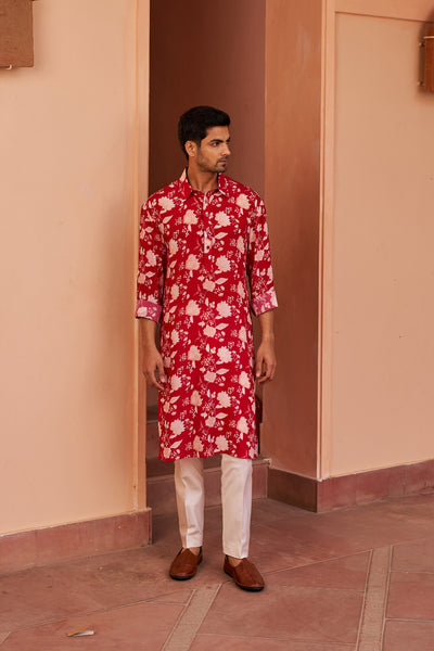 Chhavvi Aggarwal Menswear Red Printed Kurta Set indian designer wear online shopping melange singapore
