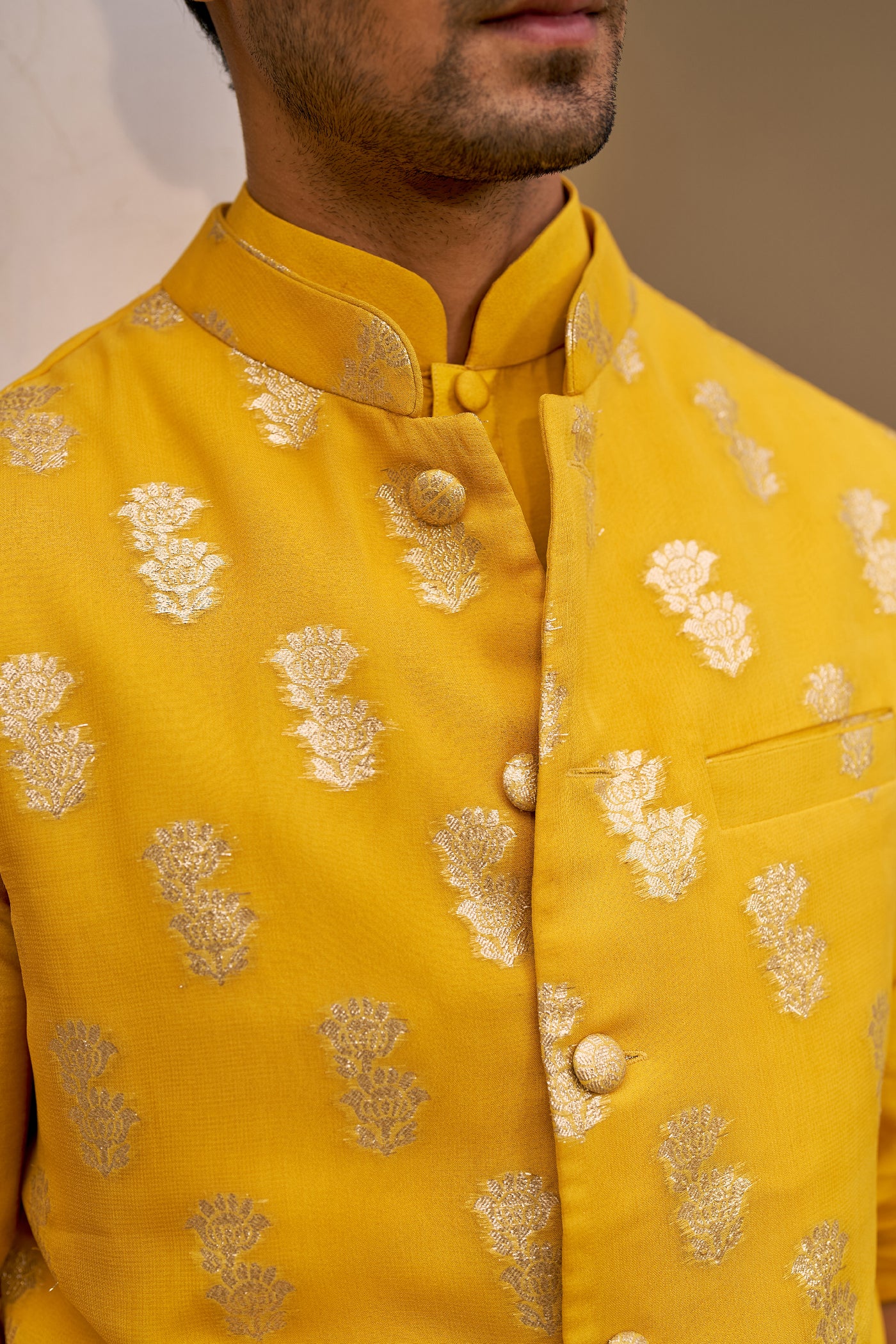 Chhavvi Aggarwal Menswear Yellow Kurta Set With Bundi indian designer wear online shopping melange singapore