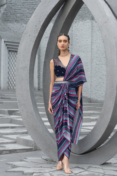 Chhavvi AggarwalNavy Blue Embroidered Blouse With Draped Saree Skirt indian designer wear online shopping melange singapore