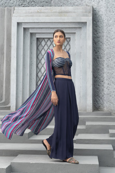 Chhavvi Aggarwal Navy Blue Printed Cape With Corset And Pants indian designer wear online shopping melange singapore