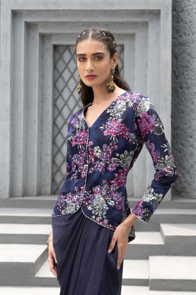 Chhavvi Aggarwal Navy Blue Printed Jacket And Draped Skirt indian designer wear online shopping melange singapore