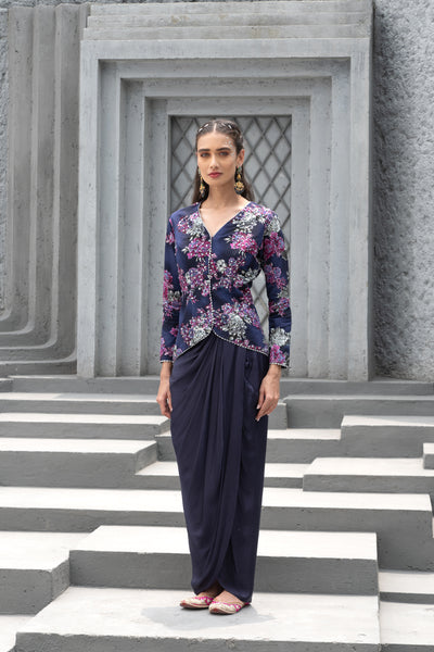 Chhavvi Aggarwal Navy Blue Printed Jacket And Draped Skirt indian designer wear online shopping melange singapore