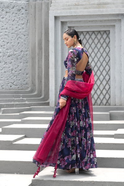 Chhavvi Aggarwal Navy Blue Printed Lehenga Set indian designer wear online shopping melange singapore