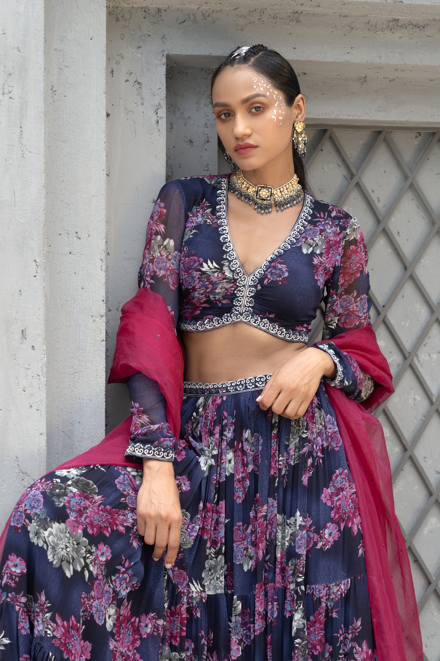 Chhavvi Aggarwal Navy Blue Printed Lehenga Set indian designer wear online shopping melange singapore