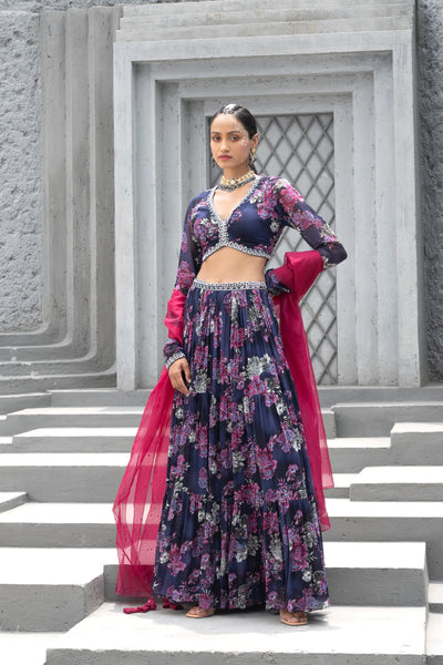 Chhavvi Aggarwal Navy Blue Printed Lehenga Set indian designer wear online shopping melange singapore