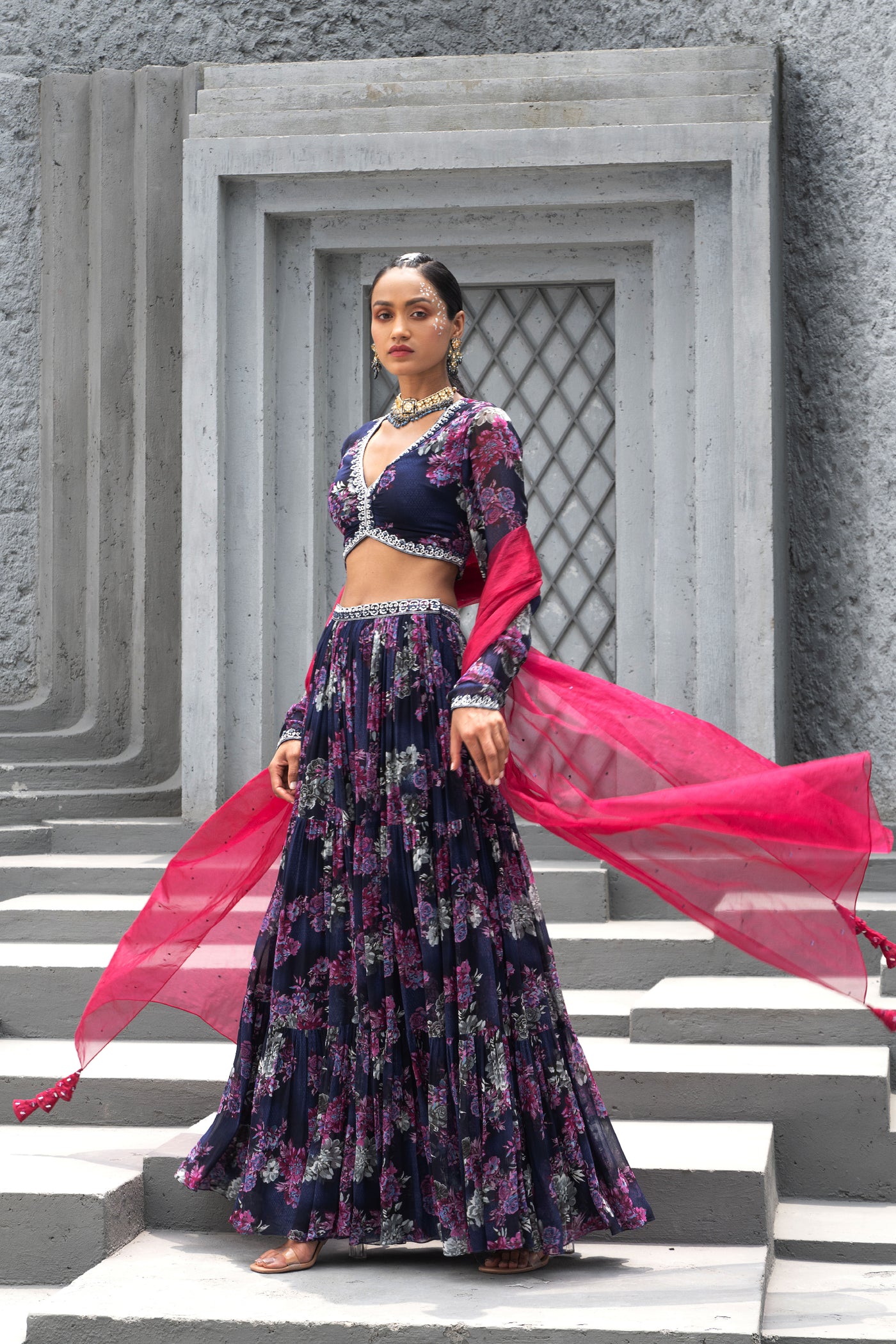 Chhavvi Aggarwal Navy Blue Printed Lehenga Set indian designer wear online shopping melange singapore