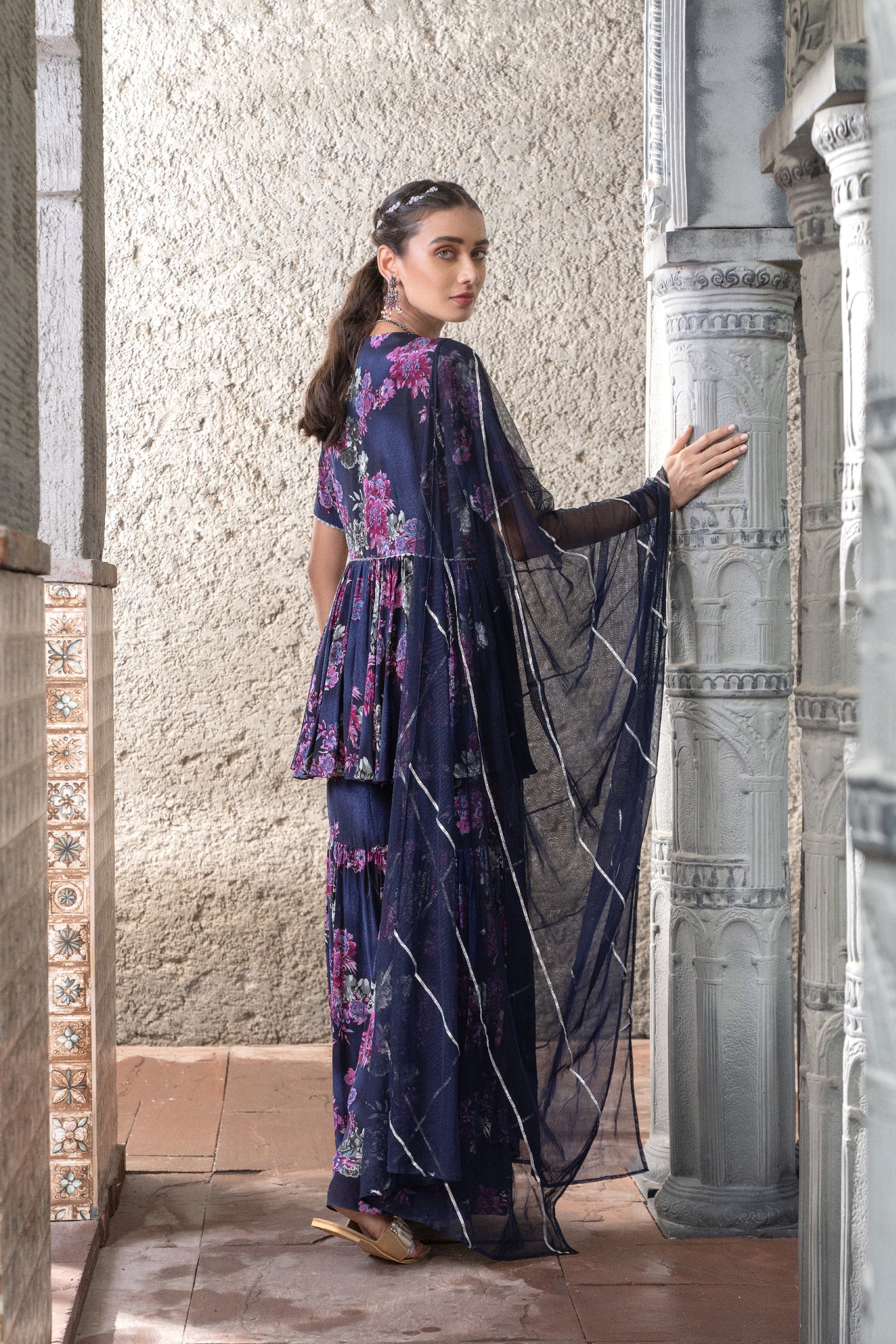 Chhavvi Aggarwal Navy Blue Printed Sharara Set indian designer wear online shopping melange singapore